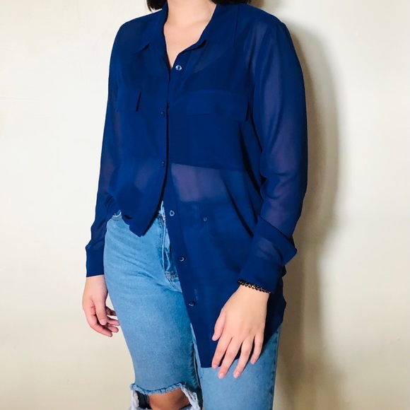 a.n.a Sheer Long Sleeve Collar Blouse - Picture 2 of 4